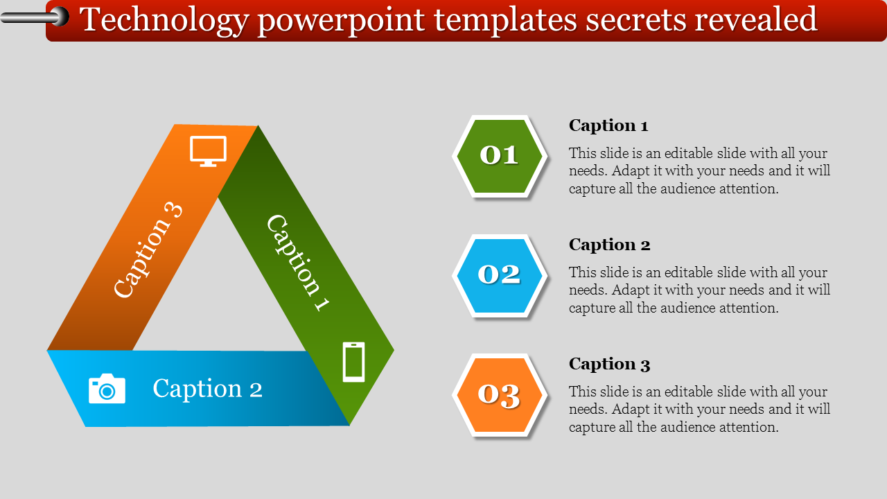 Technology slide with three hexagonal sections, each representing different technology concepts with icons.