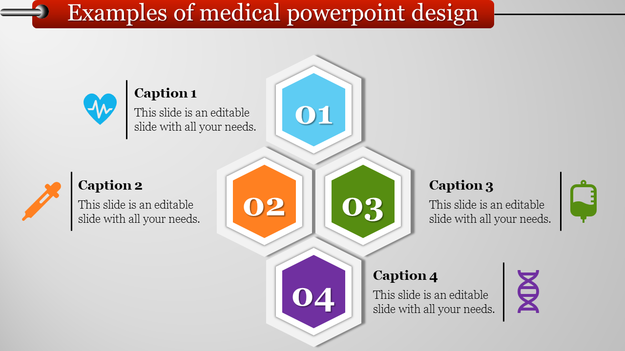 Hexagonal layout in blue, orange, green, and purple with medical icons and captions, on a gray background.