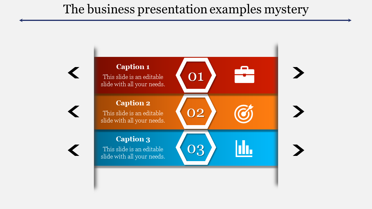 Business PPT template with three colorful hexagons, each representing concepts like tools, targets, and data analysis.