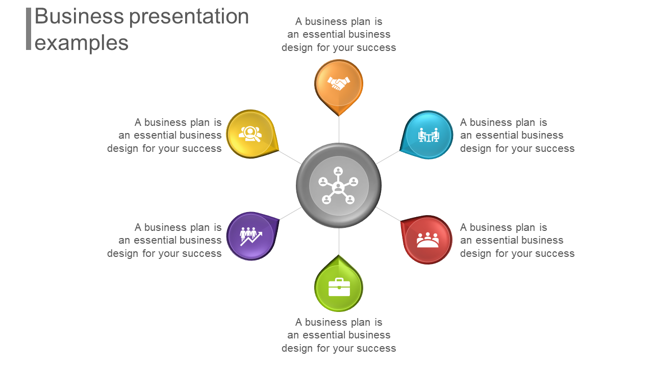 Business diagram with six colored icons in a circular arrangement around a gray center, each with placeholder text areas.