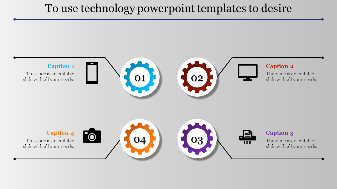 Technology PPT slide showing gears and icons for mobile, computer, printer, and camera, representing different tech elements.