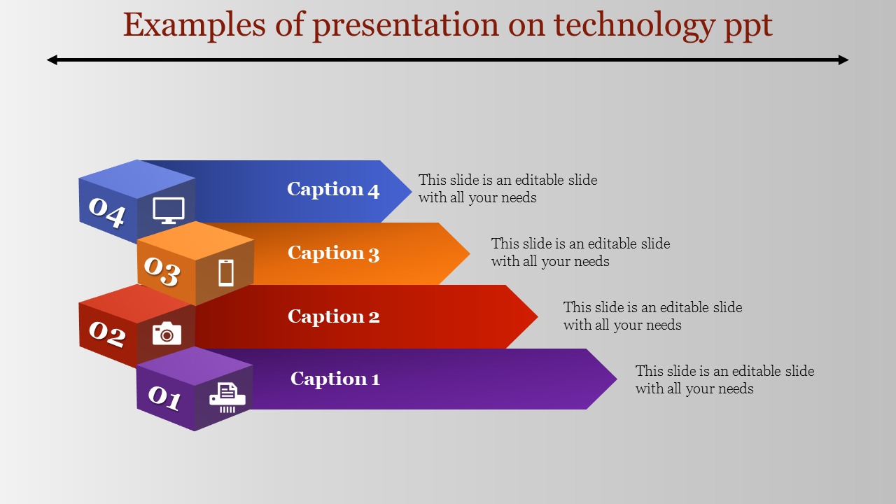 Technology slide with an arrowed progression of four colorful boxes, each labeled with a number and caption areas.