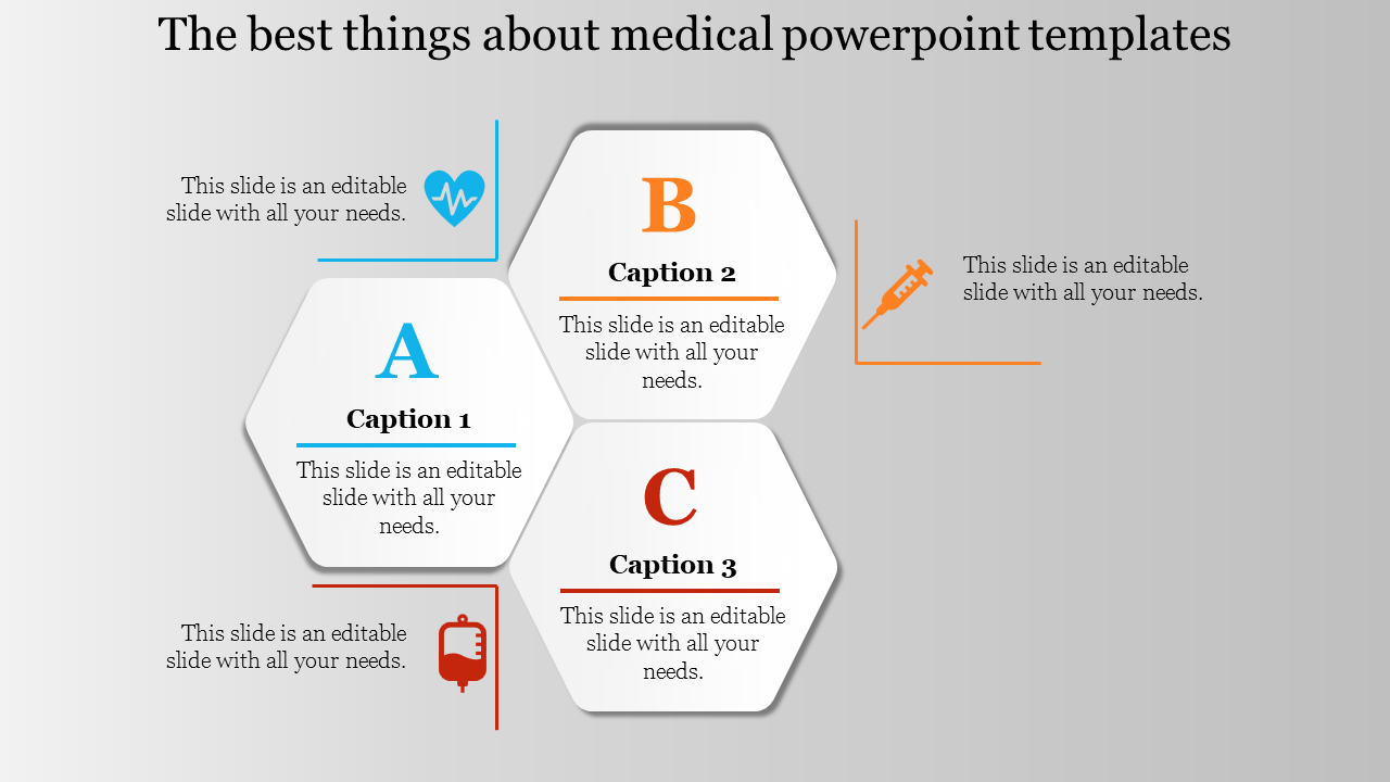 Three-part hexagon design with lettered sections and medical symbols, including heart rate, injection, and blood bag.