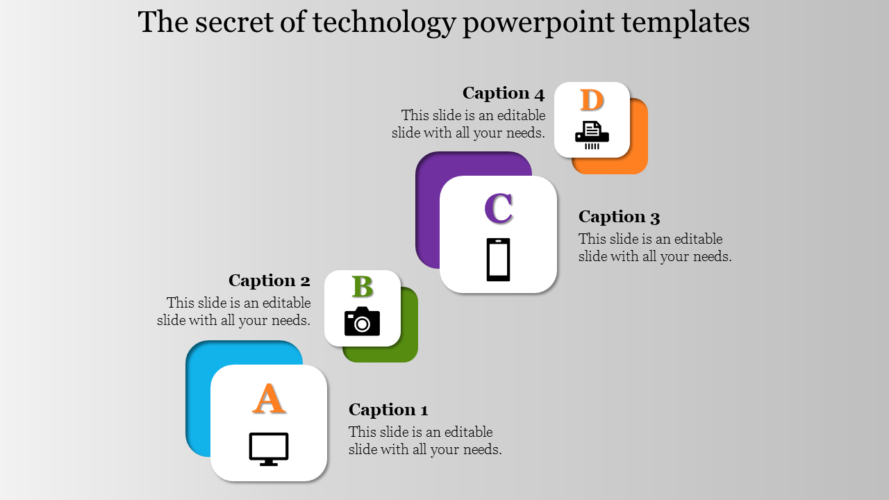 Technology slide with four boxes each colour coded holding icons with four caption areas placed in a grey backdrop.