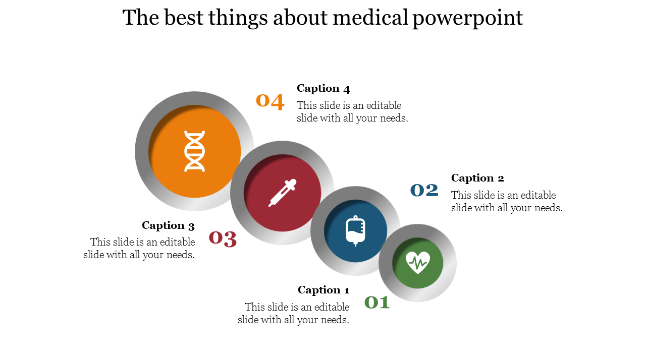 Medical PowerPoint slide with four icons representing health related topics DNA, syringe, IV bag, and heartbeat monitor.