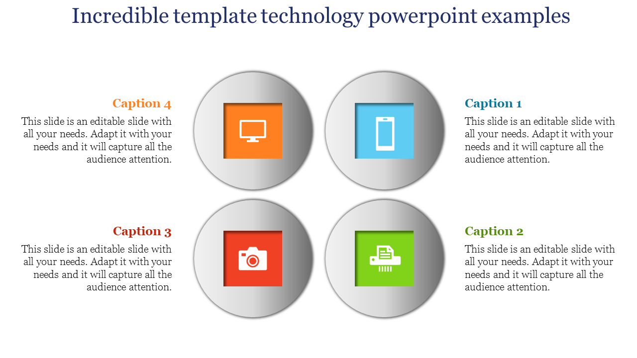 Four circular icons in vibrant colors representing technology items, including a monitor, phone, camera, and printer.