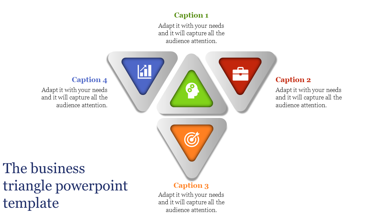 Four colorful triangles in blue, red, green, and orange, showcasing icons for business growth, mindset and goals.