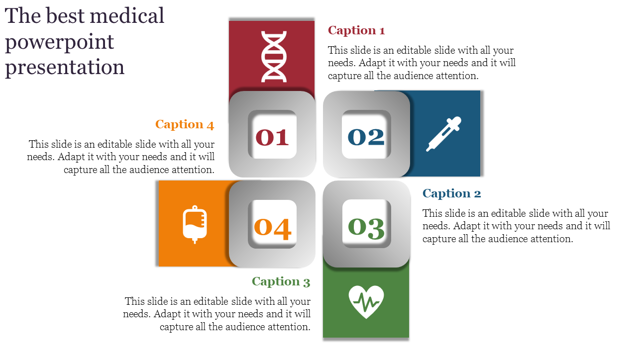 Medical PowerPoint slide with four icons representing DNA, syringe, heart, and IV drip, each with numbered captions.