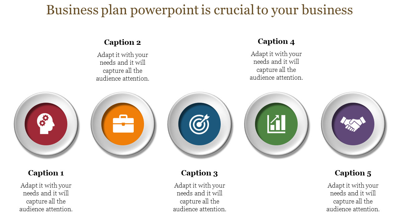 Circular icons with silver borders in red, orange, blue, green, and purple represent captions for a business plan.