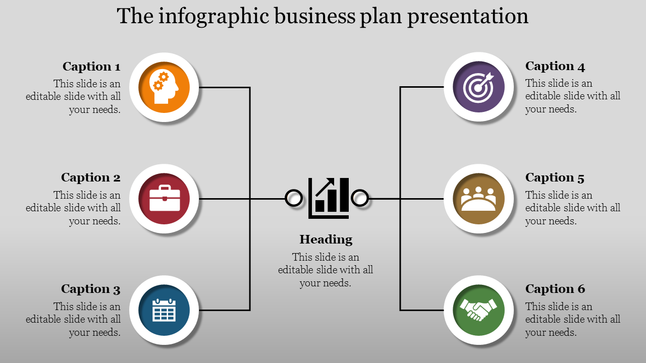 Business plan slide with six sections, each represented by icons such as planning, goals, and partnership with captions.