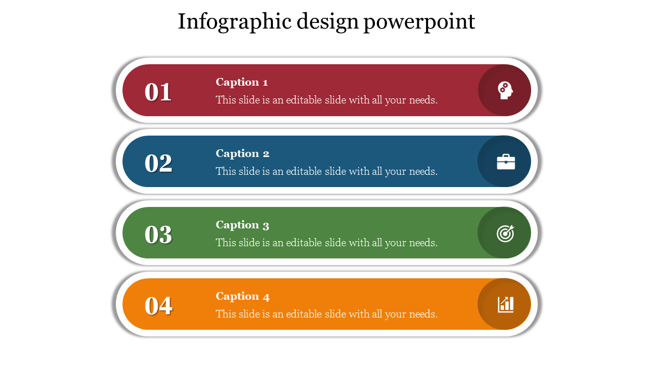 Four horizontal colored sections in red, blue, green, and orange, each with numbers, icons, and captions.