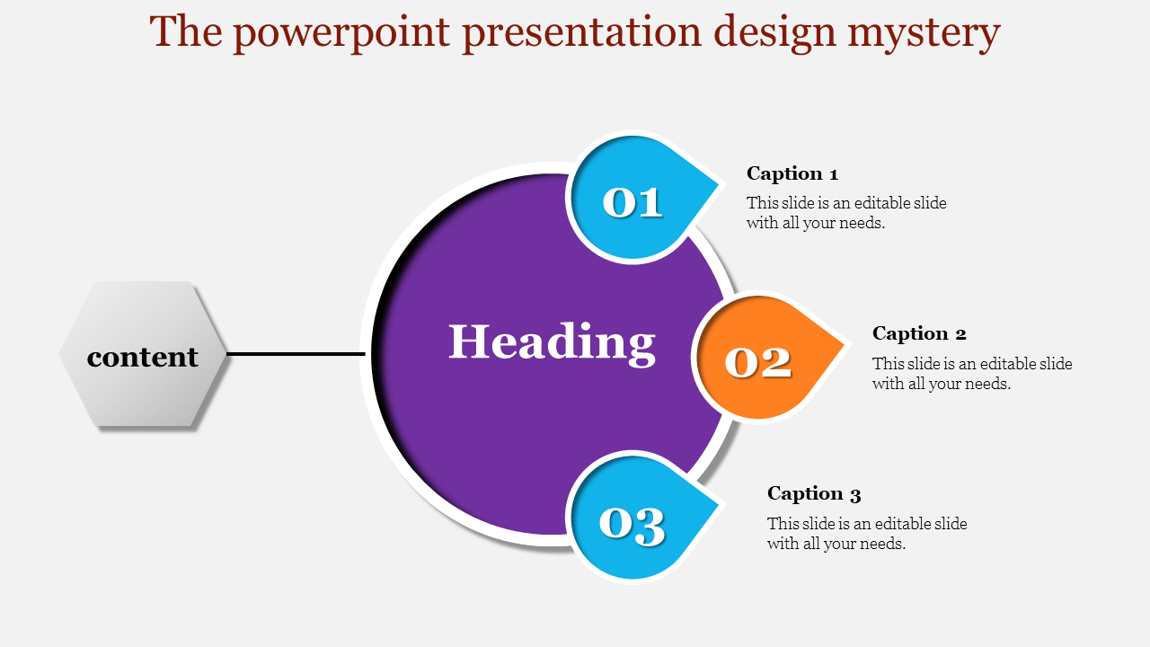 Design slide purple circle at the center linked to a hexagon and three teardrop shapes with captions and numbers.