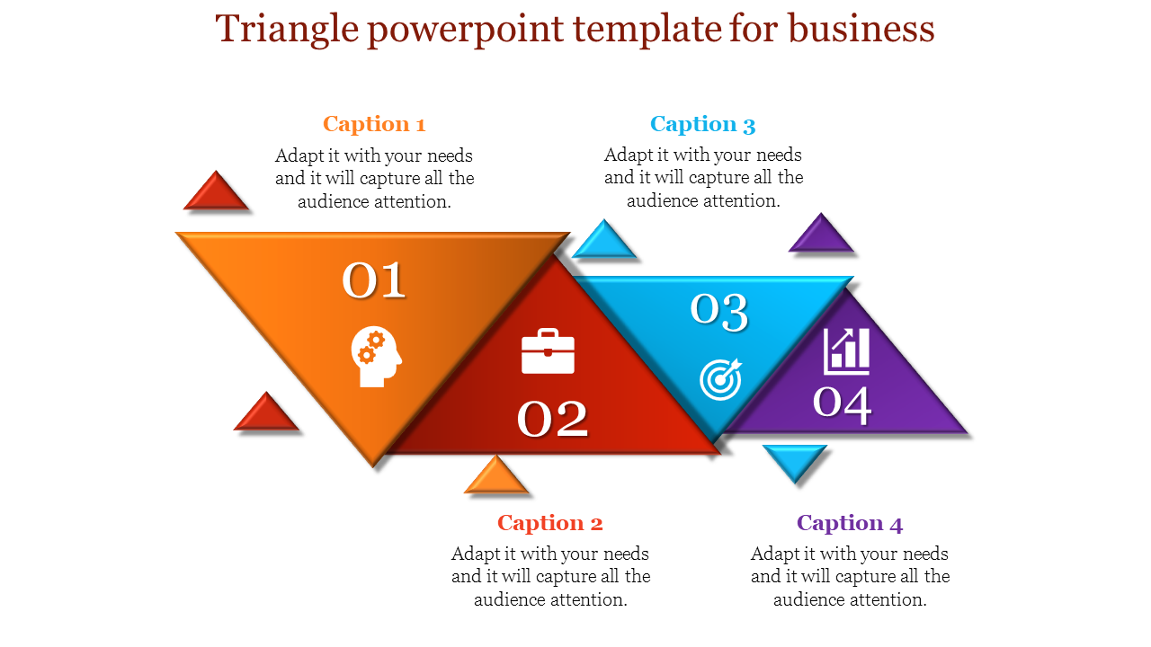 Triangle PowerPoint template for business with icons representing ideas, tools, targets, and growth with captions.