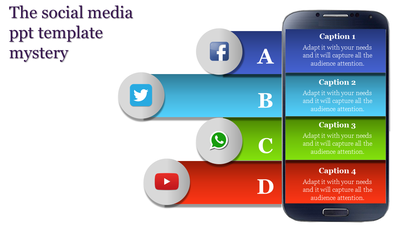 Social media infographic with a smartphone with four horizontal banners in blue, green, and red, featuring icons. 