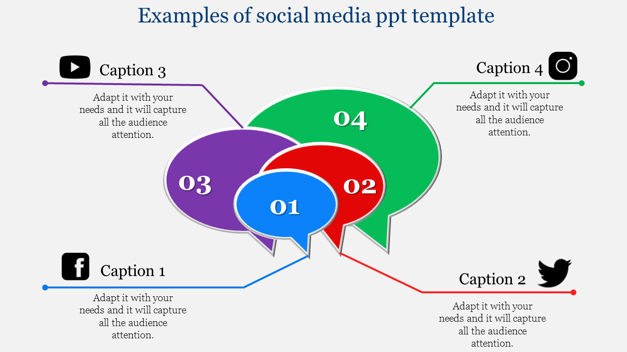 Social media PowerPoint slide featuring speech bubbles with social media icons and content placeholders.