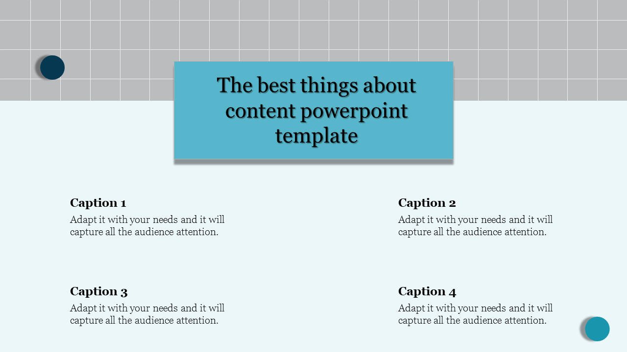 Business content slide design with a grid background a blue title block in the middle and captions arranged below.