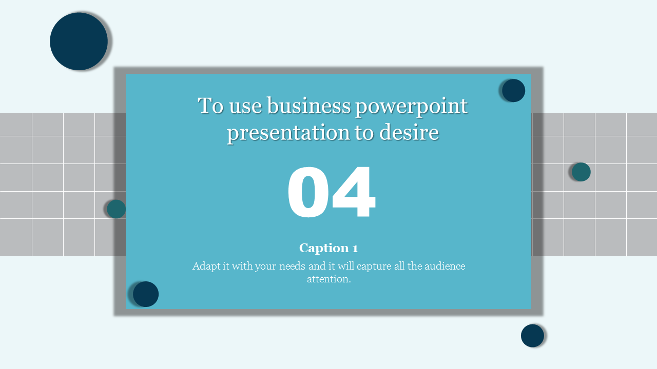 Business PowerPoint template featuring a grid layout with a large numbered section for the title and space for a caption.