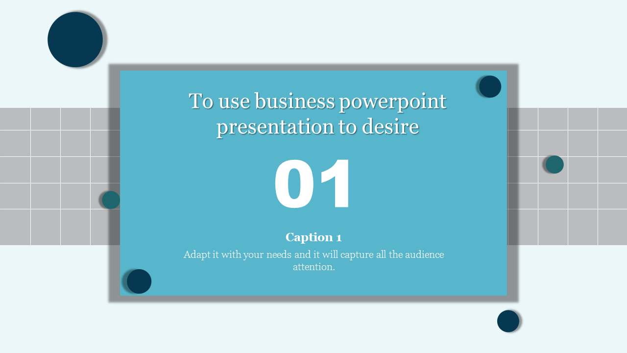 Business slide with a large blue rectangular box featuring a title and central number, placed over a gray grid background.