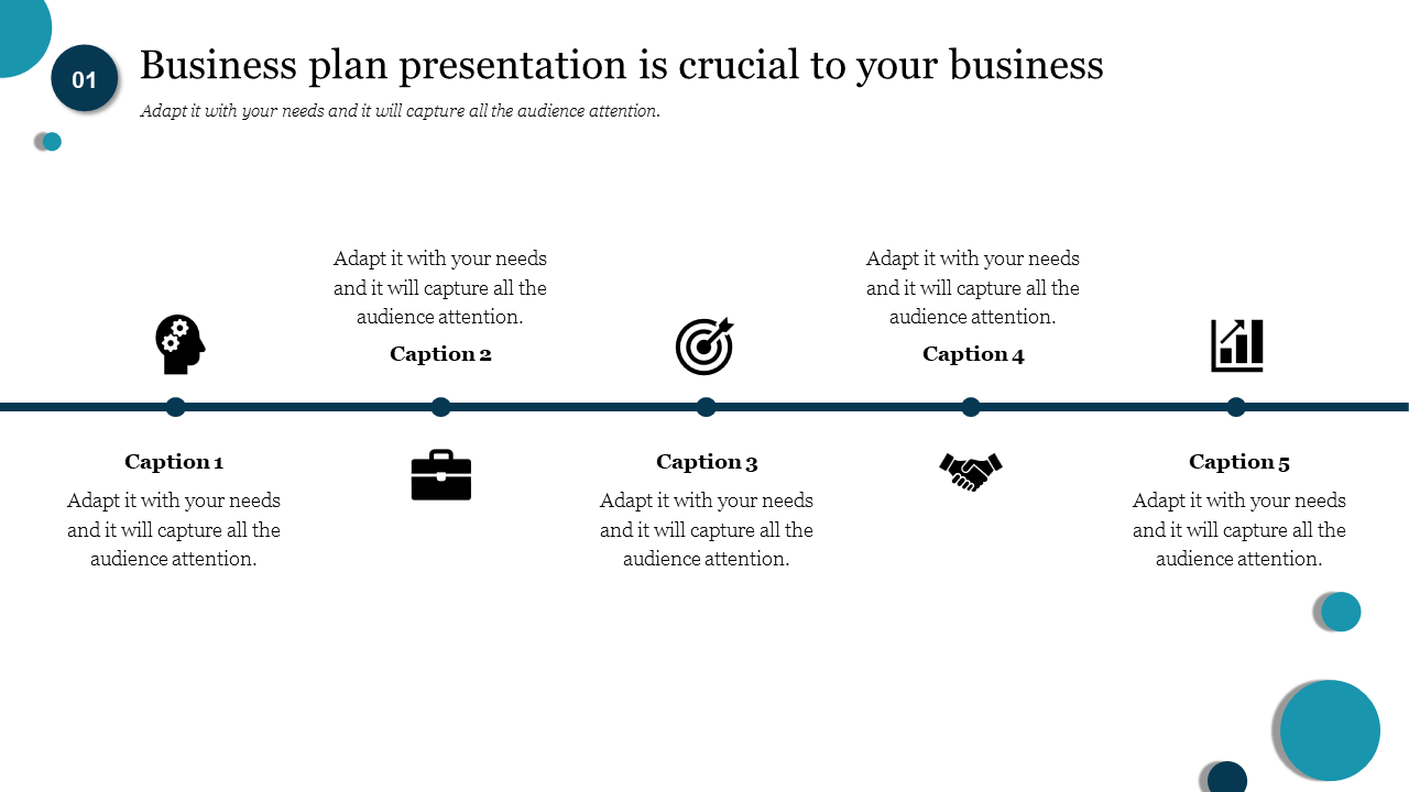 Business plan presentation slide with a timeline featuring icons for strategy, goals, and growth with captions.