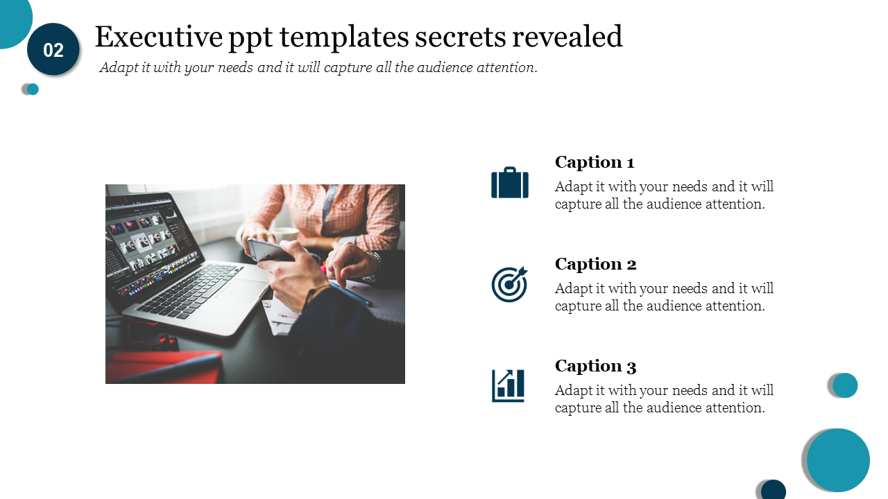 Executivetemplate featuring a laptop with a workspace image and three captioned areas sections with icons.