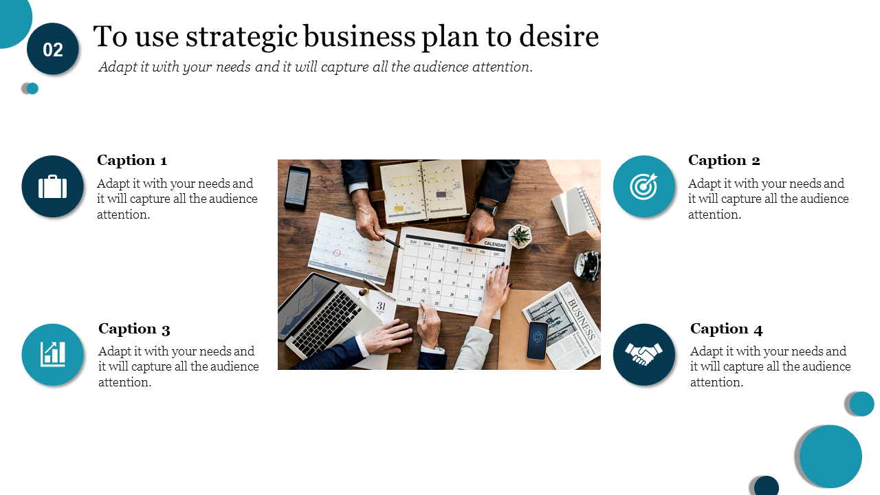 Strategic business plan slide with icons representing various sections featuring a photo of hands working on a plan.