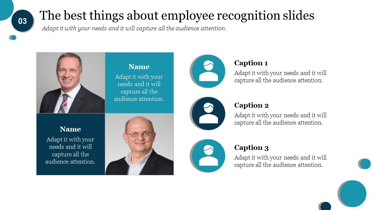 Employee recognition slide with two profile photos on the left and three caption areas with icons on the right.