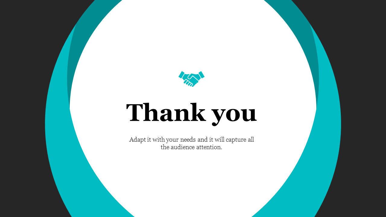 Thank you slide with a handshake icon over the title text and caption area with turquoise curved shapes on a dark background.