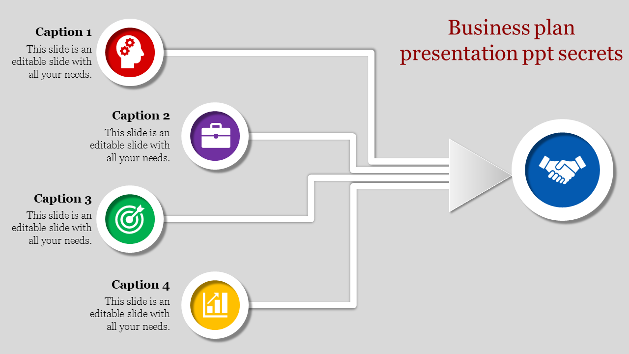 Business plan PowerPoint slide showing four sections connected by lines, with icons and placeholder text.