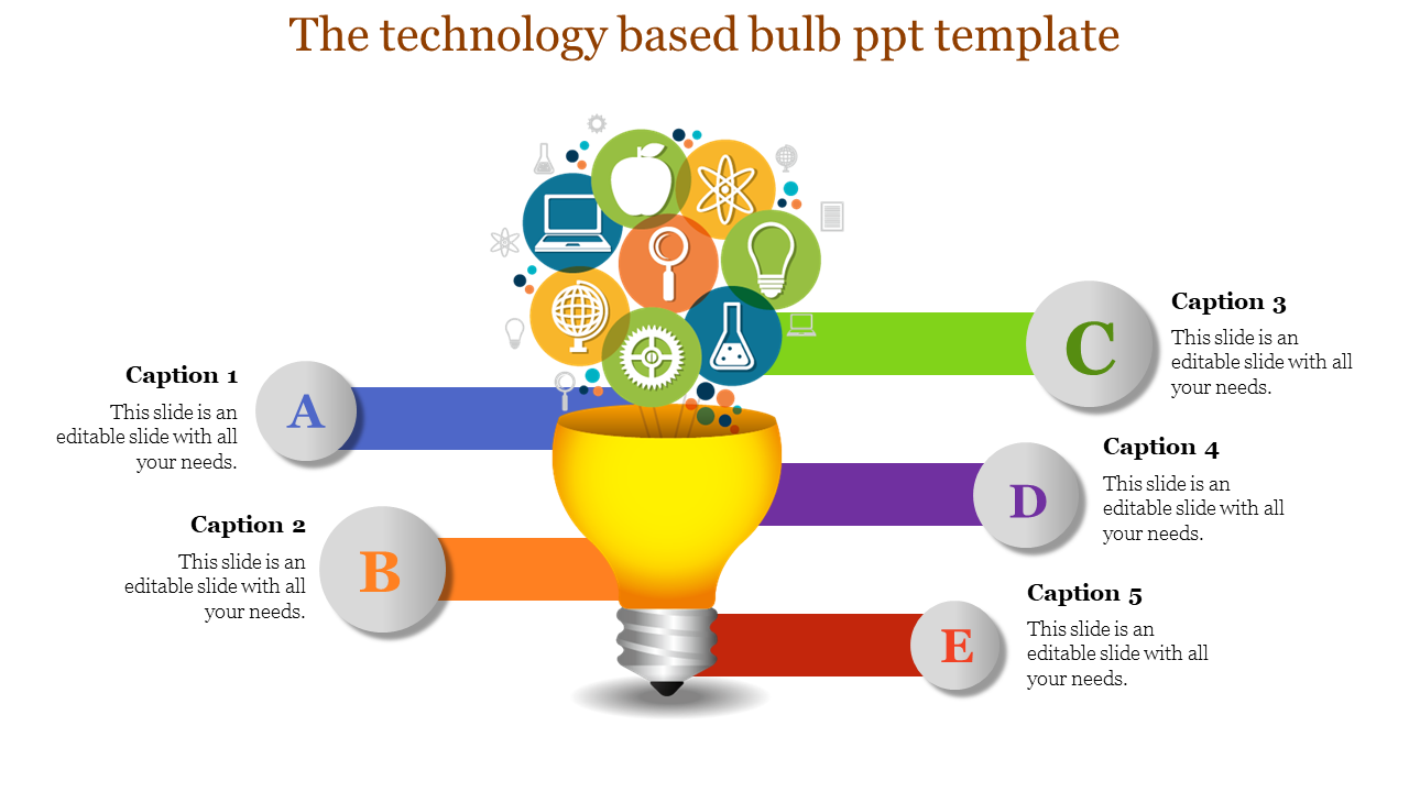 Yellow light bulb emitting technology icons with five horizontal colored captions labeled A to E.