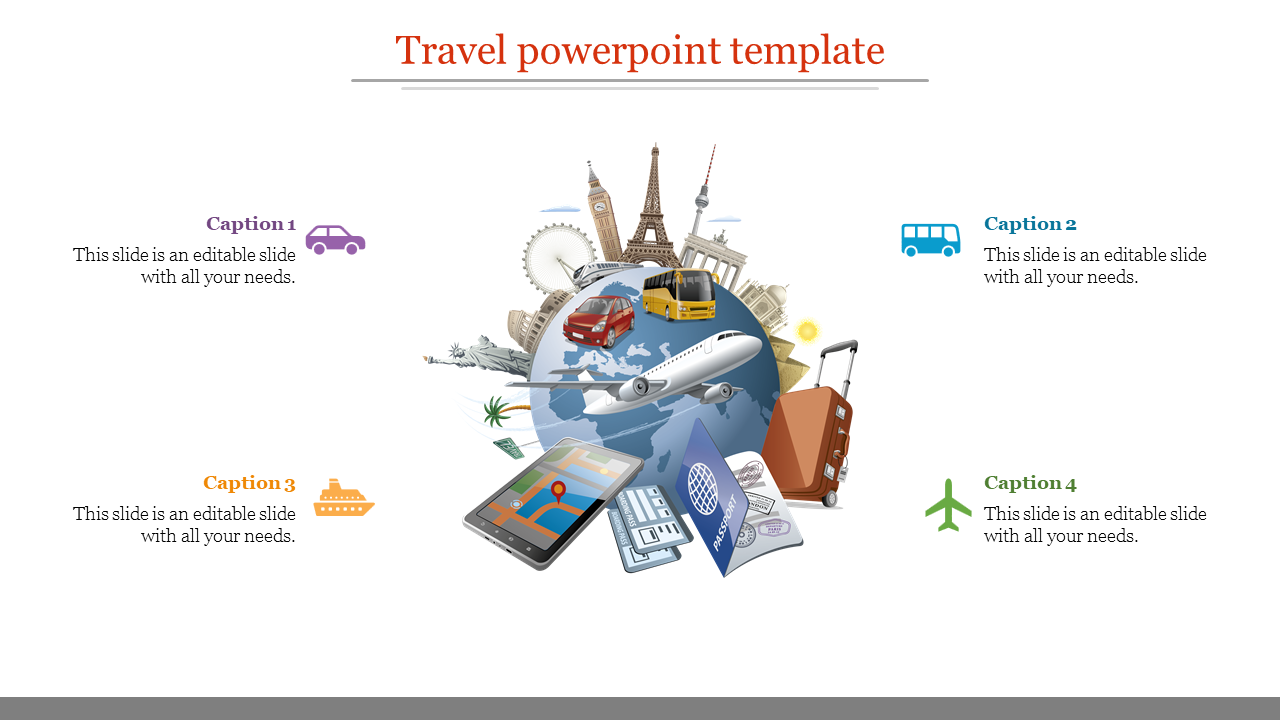 Travel themed PPT slide featuring various transportation modes like cars, buses, airplanes, and boats surrounding a globe.