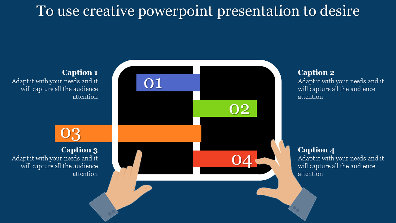 Creative PPT slide featuring a four step process with colorful bars and hands interacting with the steps with captions.