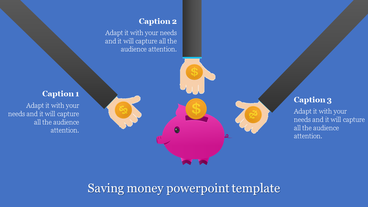 Illustration of a pink piggy bank with three hands dropping coins from above with caption areas.