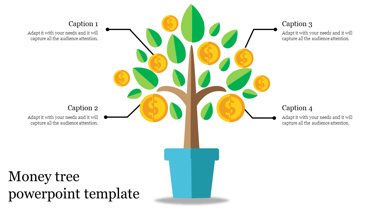 A vibrant money tree slide featuring a tree with dollar signs and green leaves with text captions.