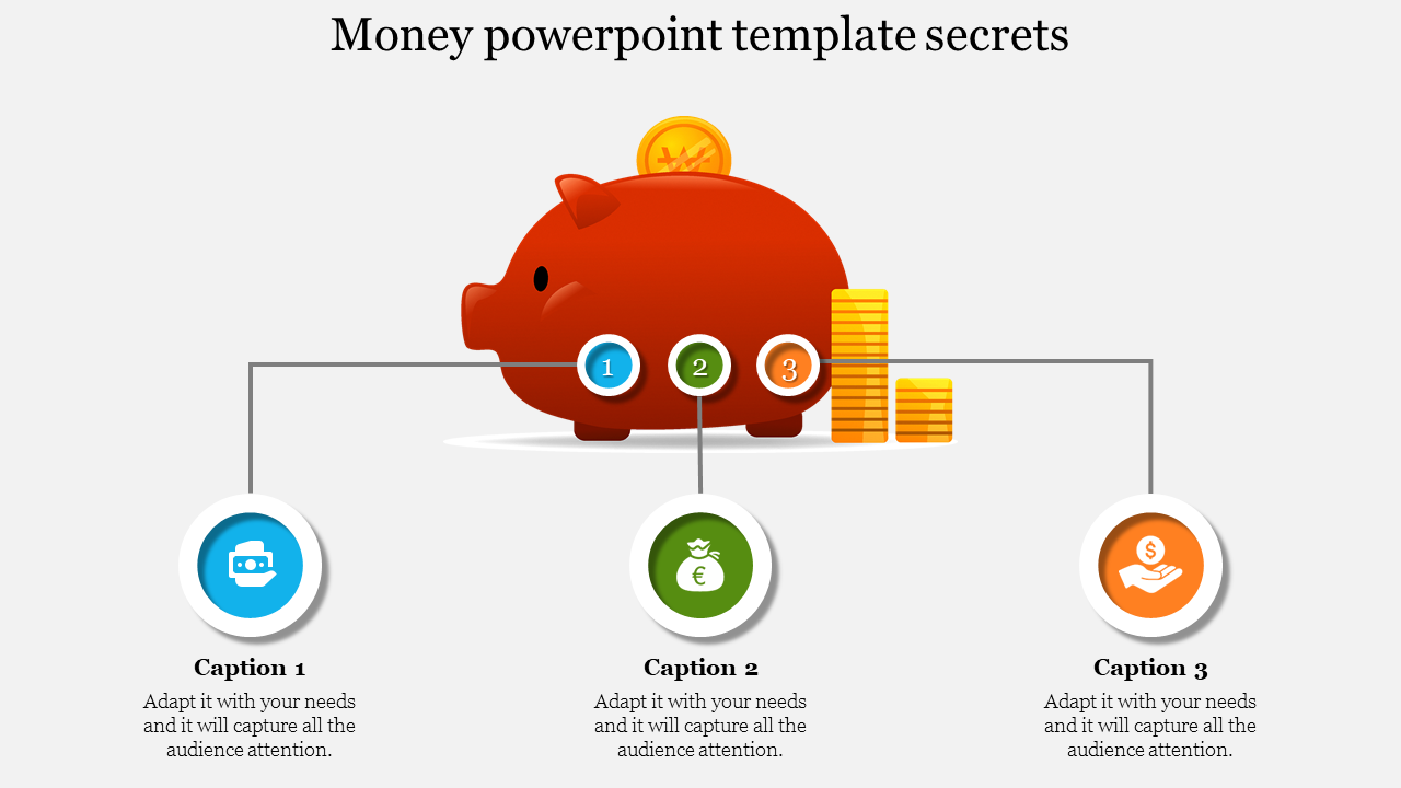 Infographic with a red piggy bank, coin stacks, and three numbered steps linked to captions with icons on a white background.