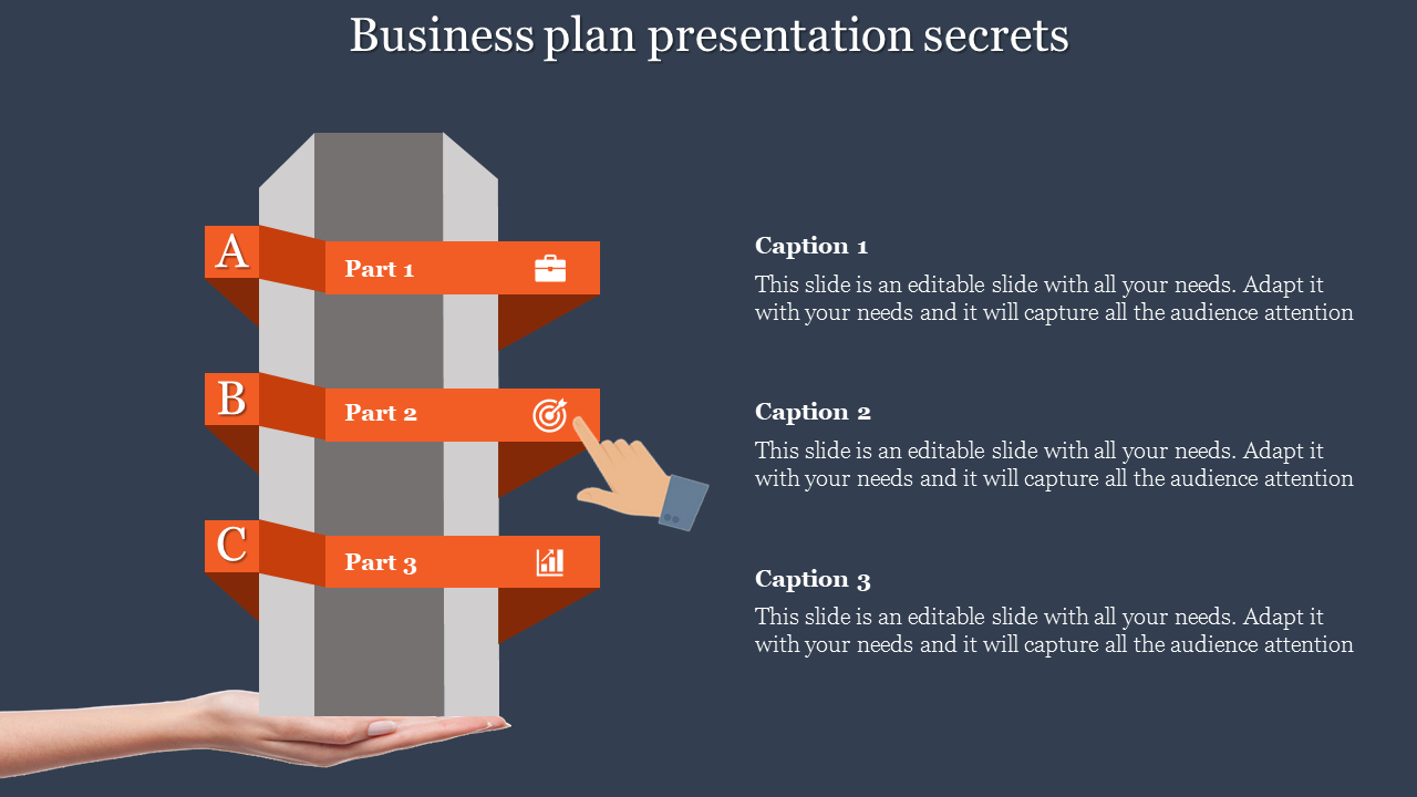 Business plan PowerPoint slide showing three parts with icons and corresponding captions.