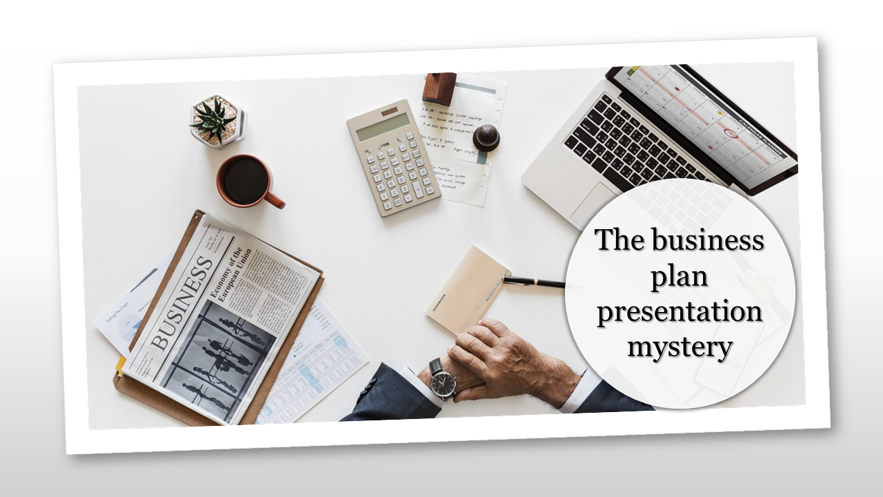 An overhead shot of a desk with business documents, a calculator, coffee, and a laptop, featuring a text bubble.