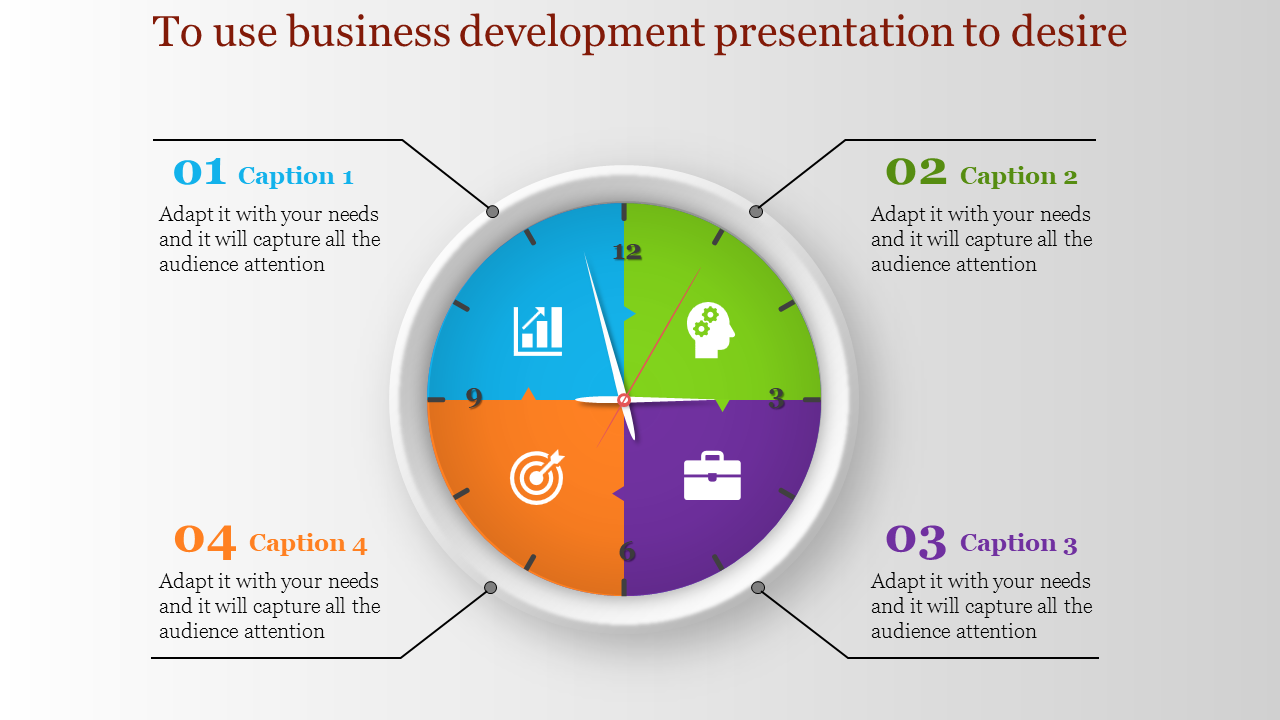 Business development slide featuring a clock with four colorful sections, each with an icon representing business concepts.