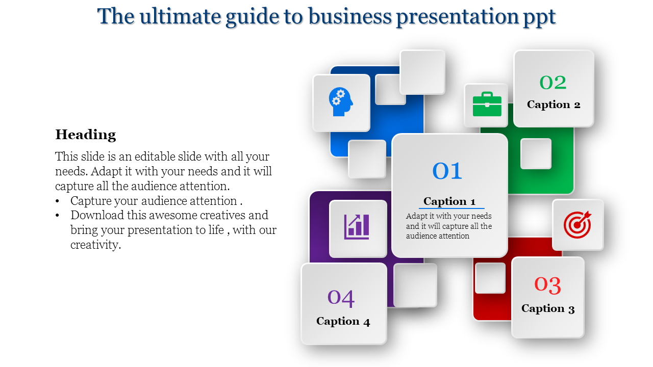 Square and rectangular elements in blue, green, red, and purple, showcasing numbered captions for business insights.