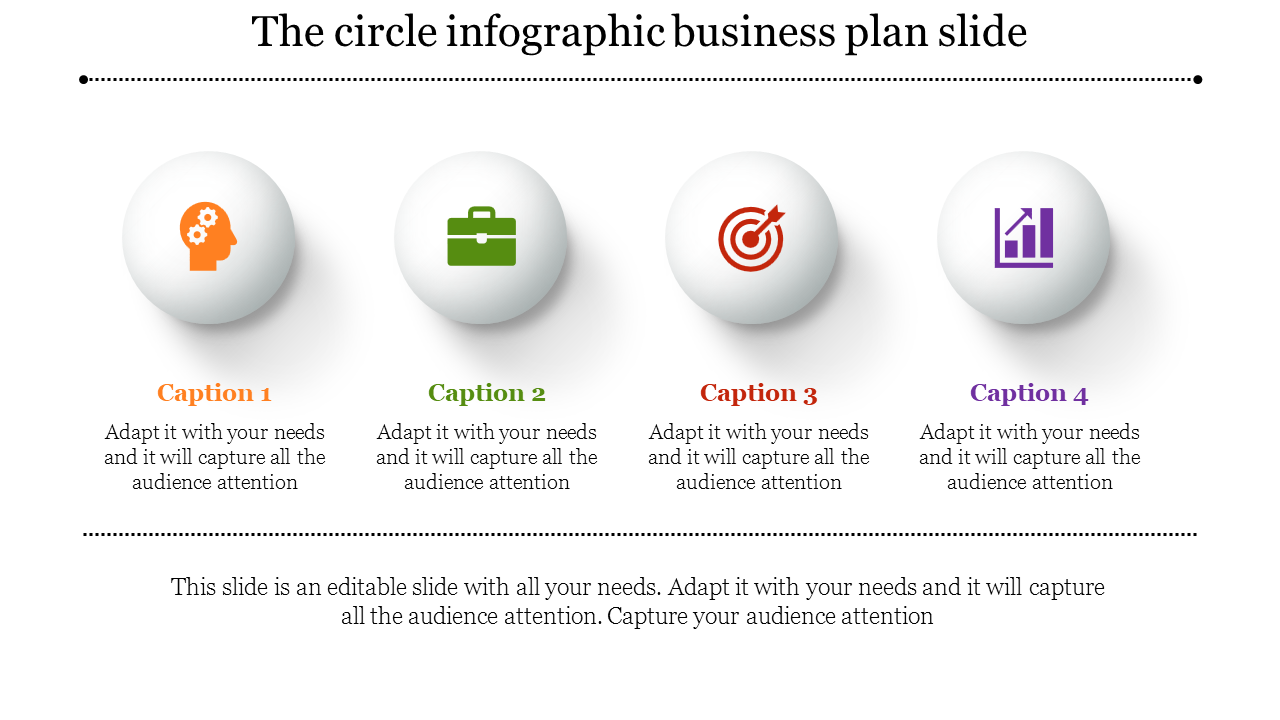 Infographic layout with four icons highlighting a brain, a briefcase, a target, and a growth chart, each with caption areas.