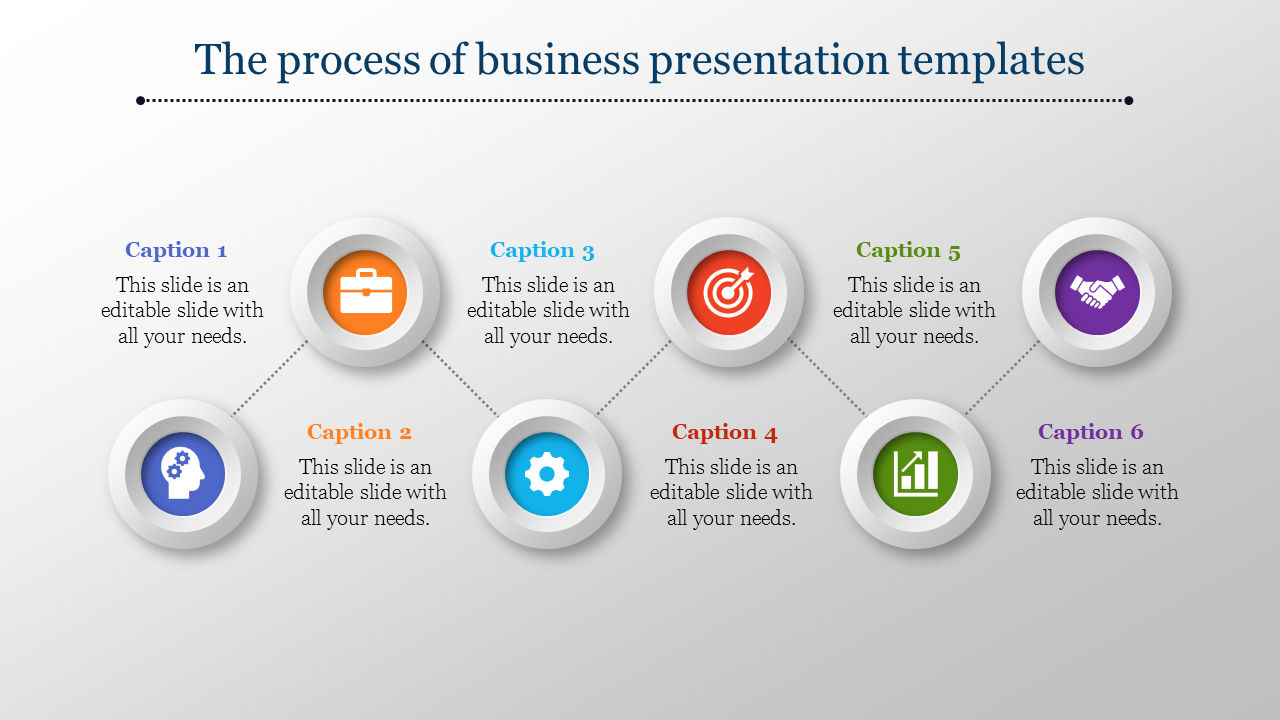 Business process template with six circular icons connected by dotted lines, showcasing captions and colorful symbols.