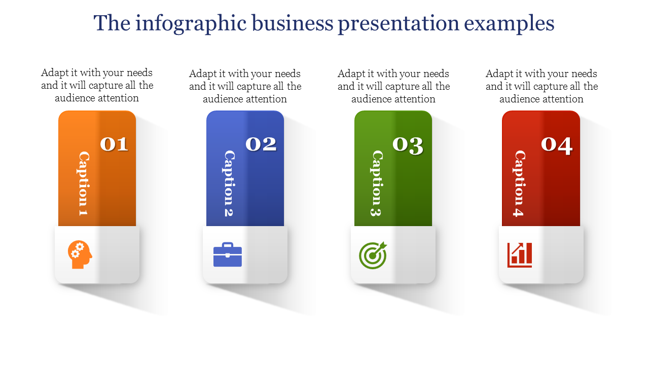 Four vertical infographic blocks in orange, blue, green, and red with icons and captions on a white background.