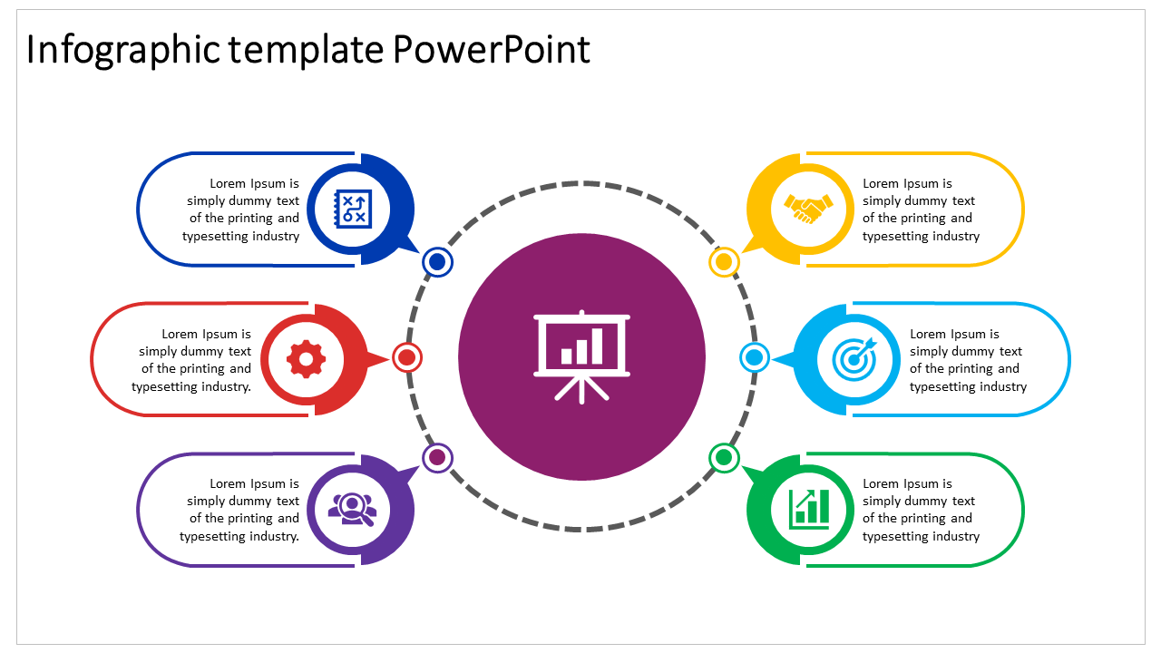 Circular infographic with six colorful segments connected to a central purple circle featuring a presentation icon.