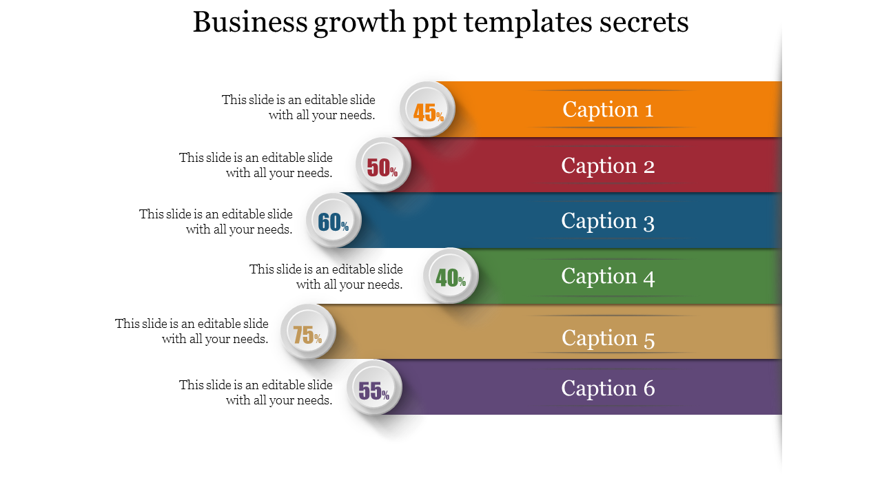 Business growth template featuring six colored bars with corresponding captions and percentage values, aligned vertically.