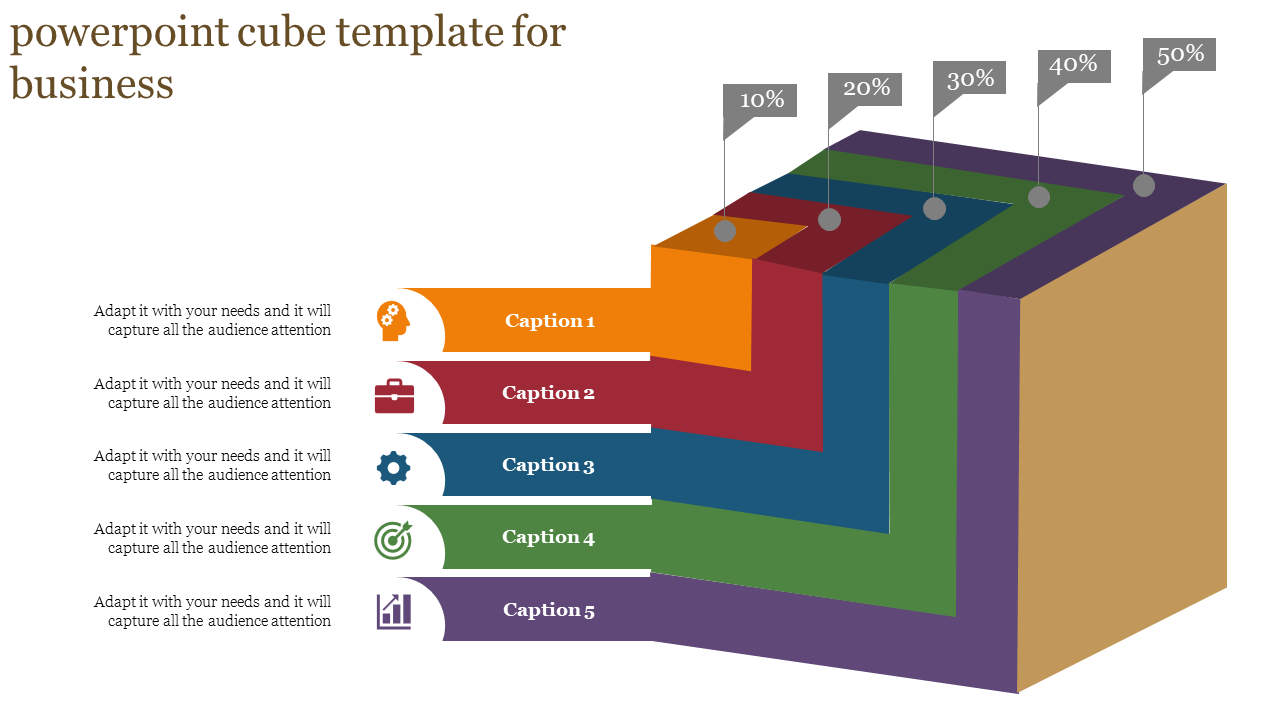 Business oriented cube slide showing different sections with percentage labels and captions with icons.