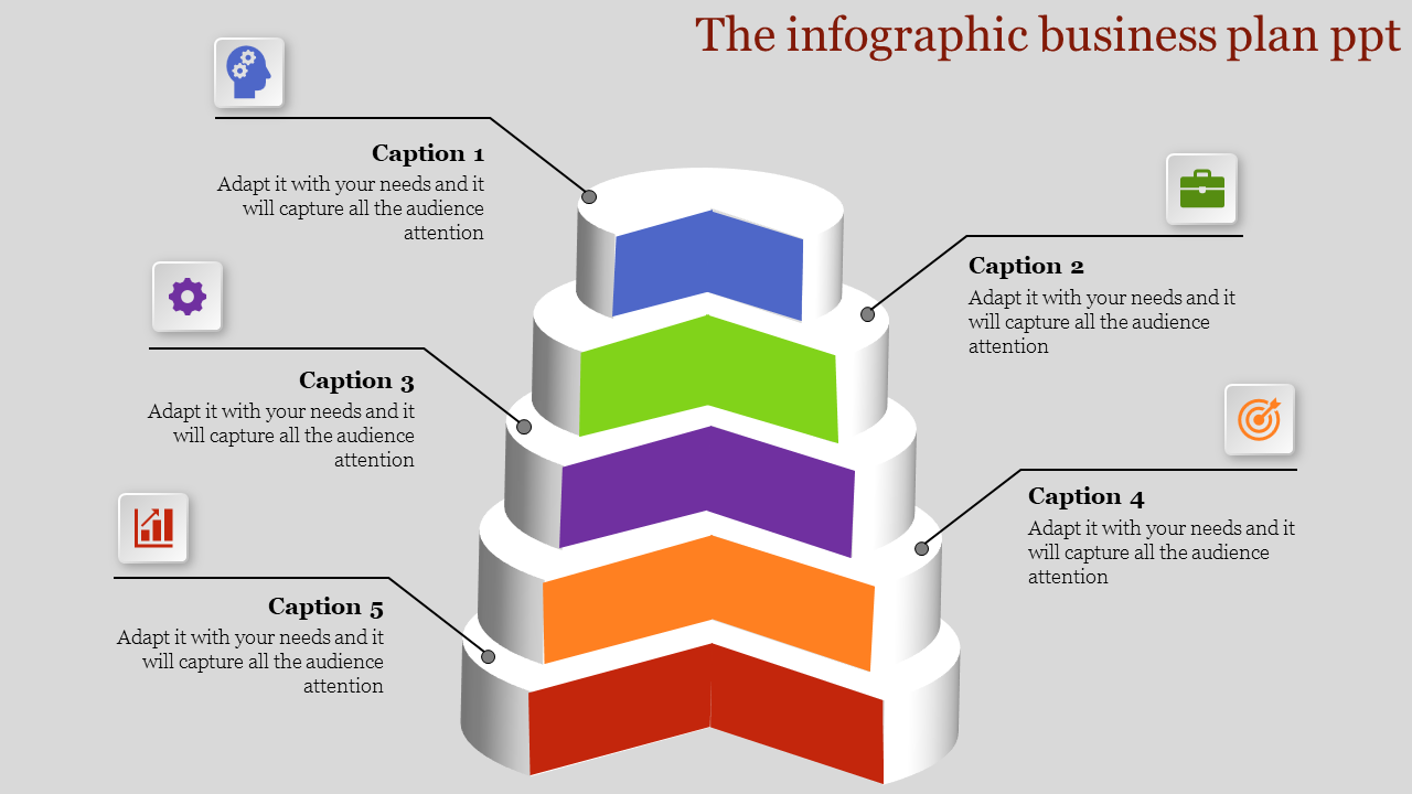 3D tiered infographic pyramid with five colorful segments labeled with captions and icons on a gray background.