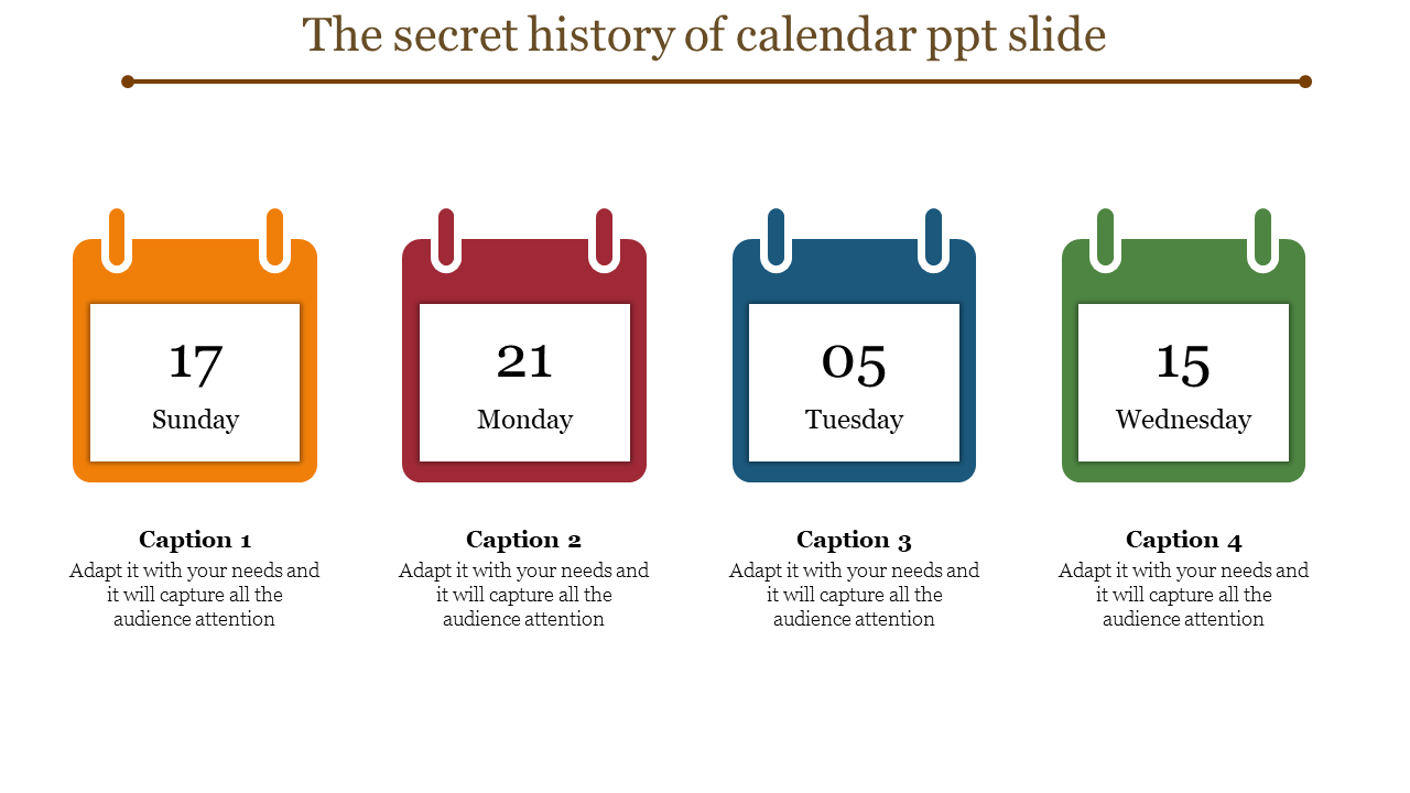 Four colored calendar icons in orange, red, blue, and green, showing different dates, with captions below each.