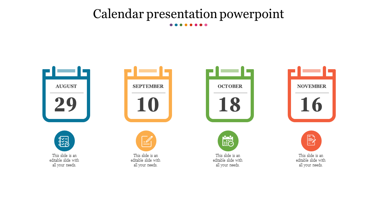 Four colored calendar icons displaying key dates from august to november with icons and text below.