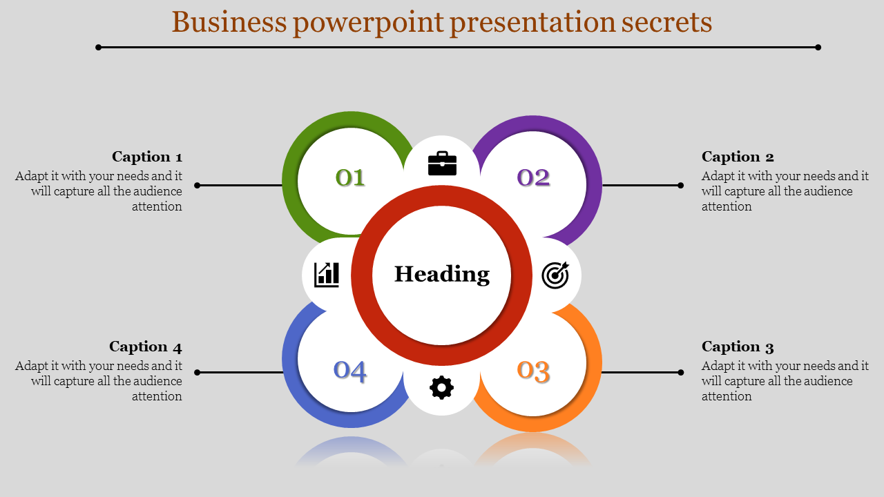 Business themed slide showing a colorful circular layout with captions and icons representing growth, planning, and goals.