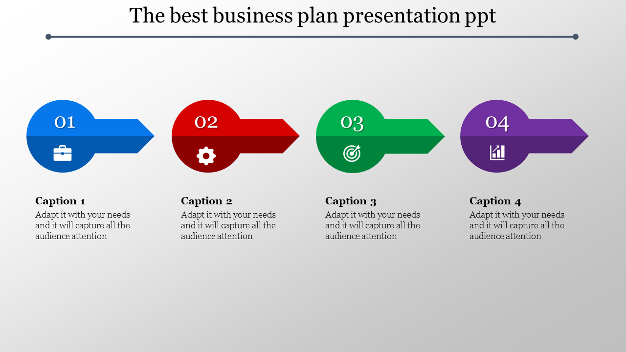 Horizontal timeline with four numbered arrows in blue, red, green, and purple, each featuring an icon and caption areas.