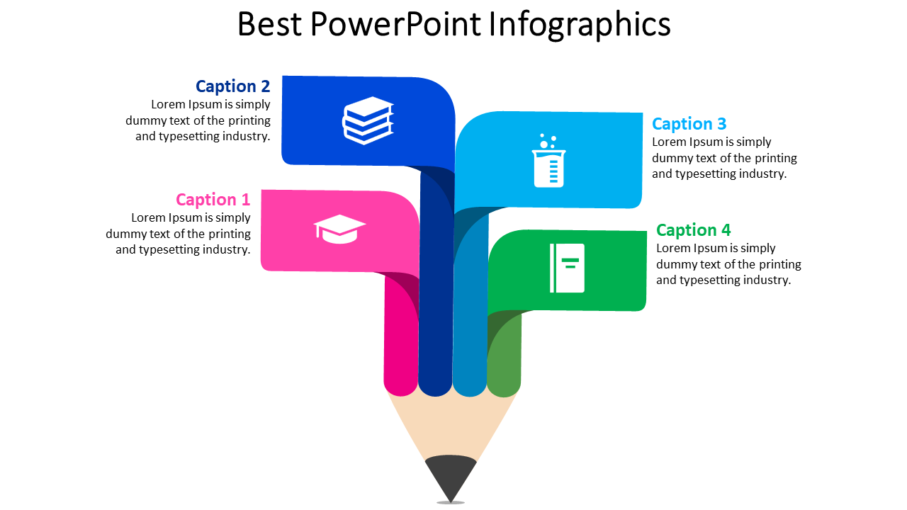 Infographic shaped like a pencil with colorful ribbons in pink, blue, teal, and green, each representing captions and icons.